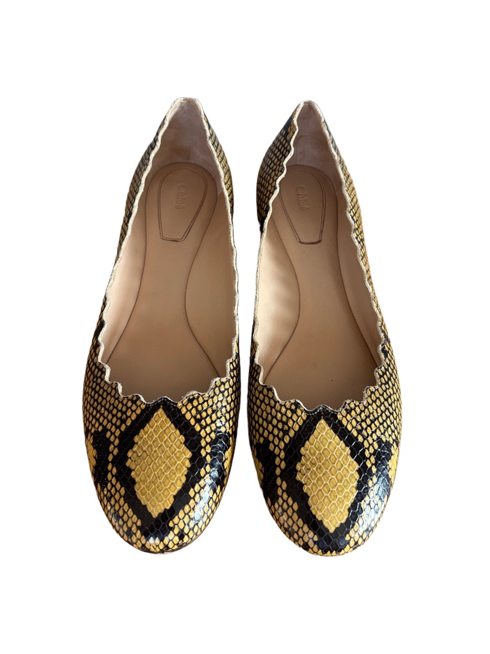 Chloé Lauren Scalloped Snake Print Ballet Flats Yellow Black Leather Designer
